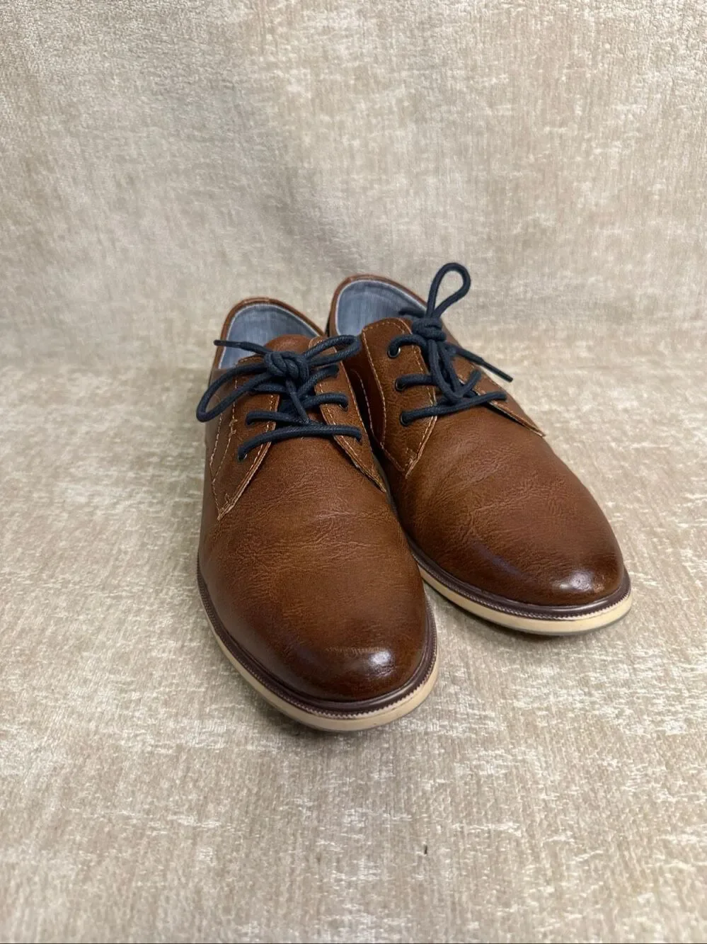 Max + Jake Boys Faux Leather Oliver Oxford Dress Shoes Cognac Brown Navy Size 6M